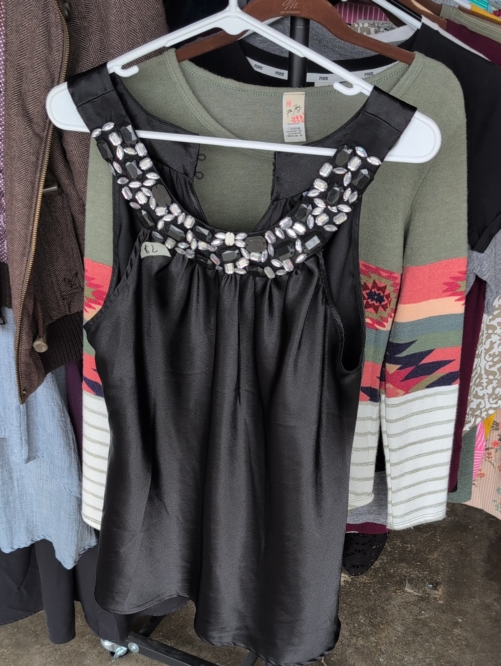 Heart Soul Black Satin Jeweled Neck Camisole